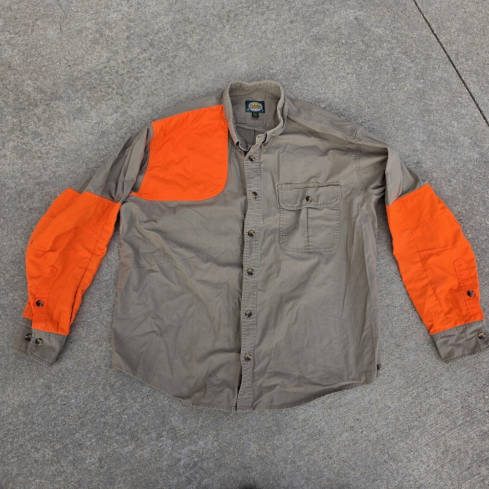 Cabela's Tan Outdoor Gear Shirt with Green Logo Patch Size XL